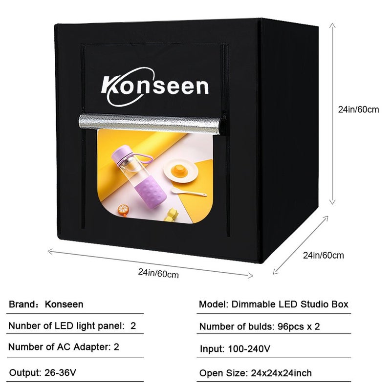 Konseen Photo Studio Light Box Photographic Lighting Tents 24x24x24inch Professional Dimmable Shooting Tents 192pcs LED Lights 5500K Lightbox Kit for White Box Photography Lighting with PVC Backdrops - Image 2